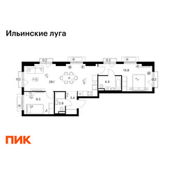 Планировка двухкомнатной(квартира) площадью 63.7 квадратных метров в ЖК “ЖК Ильинские луга”
