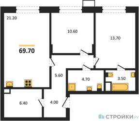 Планировка двухкомнатной(квартира) площадью 69.7 квадратных метров в ЖК “ЖК Резиденции Сколково”