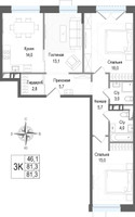 Планировка трехкомнатной(квартира) площадью 81.3 квадратных метров в “ЖК КИНОКВАРТАЛ”