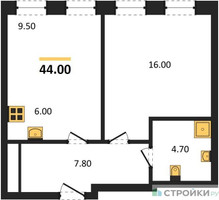 Планировка однокомнатной(квартира) площадью 44 квадратных метров в “ЖК Адмирал”