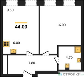 Планировка однокомнатной(квартира) площадью 44 квадратных метров в ЖК “ЖК Адмирал”