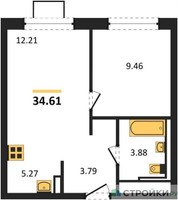Планировка однокомнатной(квартира) площадью 34.61 квадратных метров в “ЖК Прибрежный Парк”