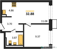 Планировка однокомнатной(квартира) площадью 32.88 квадратных метров в “ЖК Молжаниново”