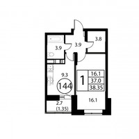 Планировка однокомнатной(квартира) площадью 38.4 квадратных метров в “ЖК Космос”