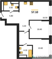 Планировка двухкомнатной(квартира) площадью 56.4 квадратных метров в “Архитектурный проект U2 (ЮТУ)”
