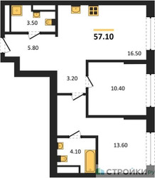 Планировка двухкомнатной(квартира) площадью 56.4 квадратных метров в ЖК “Архитектурный проект U2 (ЮТУ)”