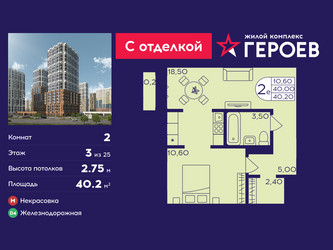 Планировка двухкомнатной(квартира) площадью 40.2 квадратных метров в ЖК “ЖК Героев”