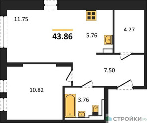 Планировка однокомнатной(квартира) площадью 43.86 квадратных метров в ЖК “ЖК Остафьево”