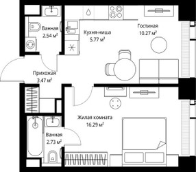 Планировка однокомнатной(квартира) площадью 41.07 квадратных метров в ЖК “ЖК Веер”