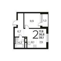 Планировка двухкомнатной(квартира) площадью 38.1 квадратных метров в “Новые Ватутинки. Заречный”