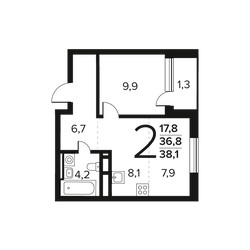 Планировка двухкомнатной(квартира) площадью 38.1 квадратных метров в ЖК “Новые Ватутинки. Заречный”