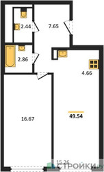 Планировка однокомнатной(квартира) площадью 49.54 квадратных метров в ЖК “ЖК Остафьево”