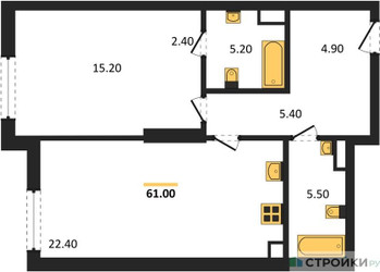 Планировка однокомнатной(квартира) площадью 61 квадратных метров в ЖК “ЖК Крылатская 33”