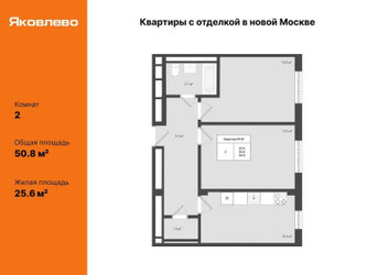 Планировка двухкомнатной(квартира) площадью 50.8 квадратных метров в ЖК “ЖК Яковлево”
