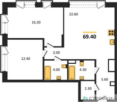 Планировка двухкомнатной(квартира) площадью 69.4 квадратных метров в “ЖК The LAKE (Лэйк)”