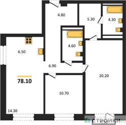 Планировка двухкомнатной(квартира) площадью 78.1 квадратных метров в ЖК “ЖК Квартал Метроном”