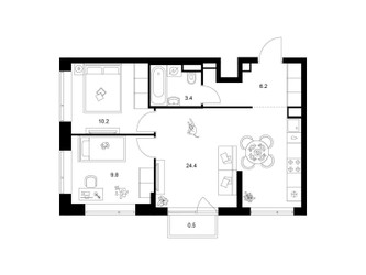 Планировка двухкомнатной(квартира) площадью 54.5 квадратных метров в ЖК “Бунинская набережная”