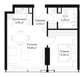 Планировка однокомнатной(квартира) площадью 43 квадратных метров в ЖК “ЖК Слава”
