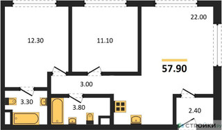 Планировка двухкомнатной(квартира) площадью 57.9 квадратных метров в “ЖК Wave (Вейв)”