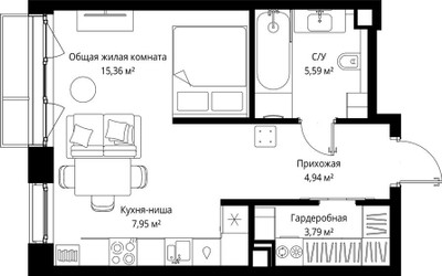 Планировка однокомнатной(квартира) площадью 37.63 квадратных метров в ЖК “Архитектурный проект Мыс”