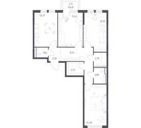Планировка трехкомнатной(квартира) площадью 78.36 квадратных метров в ЖК “ЖК Пригород Лесное”