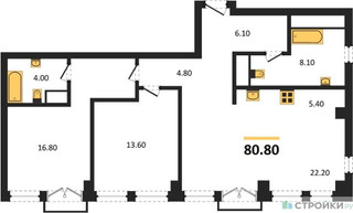 Планировка двухкомнатной(квартира) площадью 80.8 квадратных метров в “ЖК Emotion (Эмоушен)”