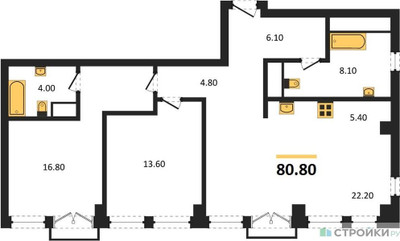 Планировка двухкомнатной(квартира) площадью 80.8 квадратных метров в ЖК “ЖК Emotion (Эмоушен)”