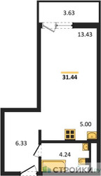 Планировка студии(квартира) площадью 31.44 квадратных метров в ЖК “ЖК Riga Hills (Рига Хиллс)”