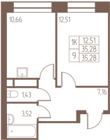 Планировка однокомнатной(квартира) площадью 35.3 квадратных метров в “ЖК Западная Ивантеевка”