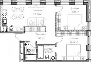 Планировка трехкомнатной(апартаменты) площадью 61.5 квадратных метров в “ЖК Mitte”