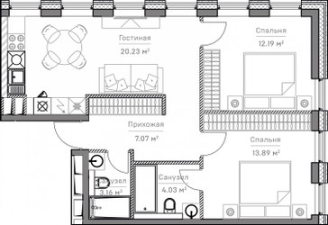Планировка трехкомнатной(апартаменты) площадью 61.5 квадратных метров в “ЖК Mitte”