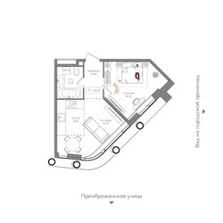 Планировка однокомнатной(квартира) площадью 46.12 квадратных метров в ЖК “ЖК Преображенская Площадь”