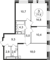 Планировка трехкомнатной(квартира) площадью 77.9 квадратных метров в “ЖК Первый Московский”