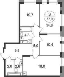 Планировка трехкомнатной(квартира) площадью 77.9 квадратных метров в ЖК “ЖК Первый Московский”