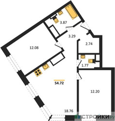 Планировка двухкомнатной(квартира) площадью 54.4 квадратных метров в “ЖК Clementine (Клементин)”