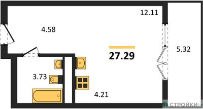 Планировка студии(квартира) площадью 27.29 квадратных метров в ЖК “ЖК Дюна”