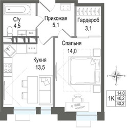 Планировка однокомнатной(квартира) площадью 40.2 квадратных метров в ЖК “ЖК КИНОКВАРТАЛ”