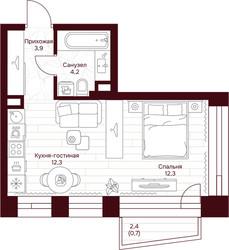 Планировка однокомнатной(квартира) площадью 33.4 квадратных метров в ЖК “ЖК Дом 7 Даниловский”