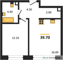 Планировка однокомнатной(квартира) площадью 39.7 квадратных метров в “ЖК Shagal (Шагал)”