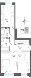 Планировка двухкомнатной(квартира) площадью 62.5 квадратных метров в ЖК “ЖК КИНОКВАРТАЛ”