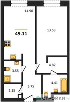 Планировка однокомнатной(квартира) площадью 49.11 квадратных метров в “ЖК УЛЬТИМА Сити”