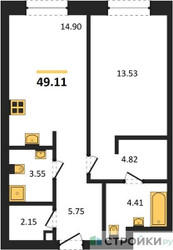 Планировка однокомнатной(квартира) площадью 49.11 квадратных метров в ЖК “ЖК УЛЬТИМА Сити”