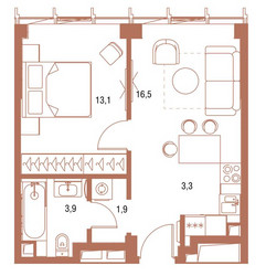 Планировка однокомнатной(квартира) площадью 38.5 квадратных метров в ЖК “ЖК Symphony 34 (Симфония 34)”