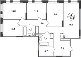 Планировка 4+ комнатной(квартира) площадью 102.4 квадратных метров в “ЖК Первый Московский”
