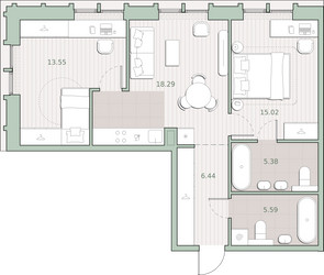 Планировка двухкомнатной(квартира) площадью 64.3 квадратных метров в ЖК “ЖК Среда на Кутузовском”