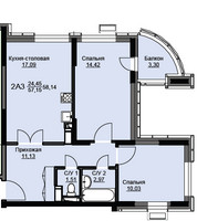 Планировка двухкомнатной(квартира) площадью 58.5 квадратных метров в “ЖК Соболевка”