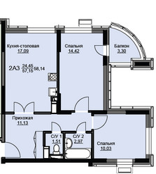 Планировка двухкомнатной(квартира) площадью 58.5 квадратных метров в ЖК “ЖК Соболевка”