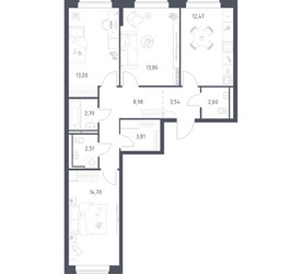 Планировка трехкомнатной(квартира) площадью 78.26 квадратных метров в ЖК “ЖК Новое Видное”