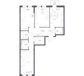 Планировка трехкомнатной(квартира) площадью 78.47 квадратных метров в ЖК “ЖК Космический Квартал”