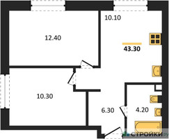 Планировка двухкомнатной(квартира) площадью 43.3 квадратных метров в “ЖК Ольховый Квартал”
